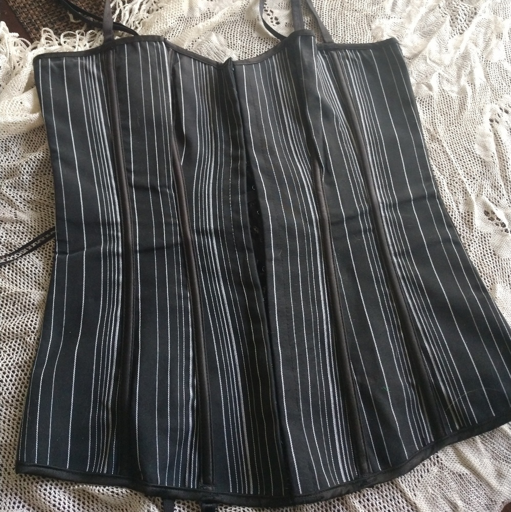 Reversible pinstripe and pink satin corset